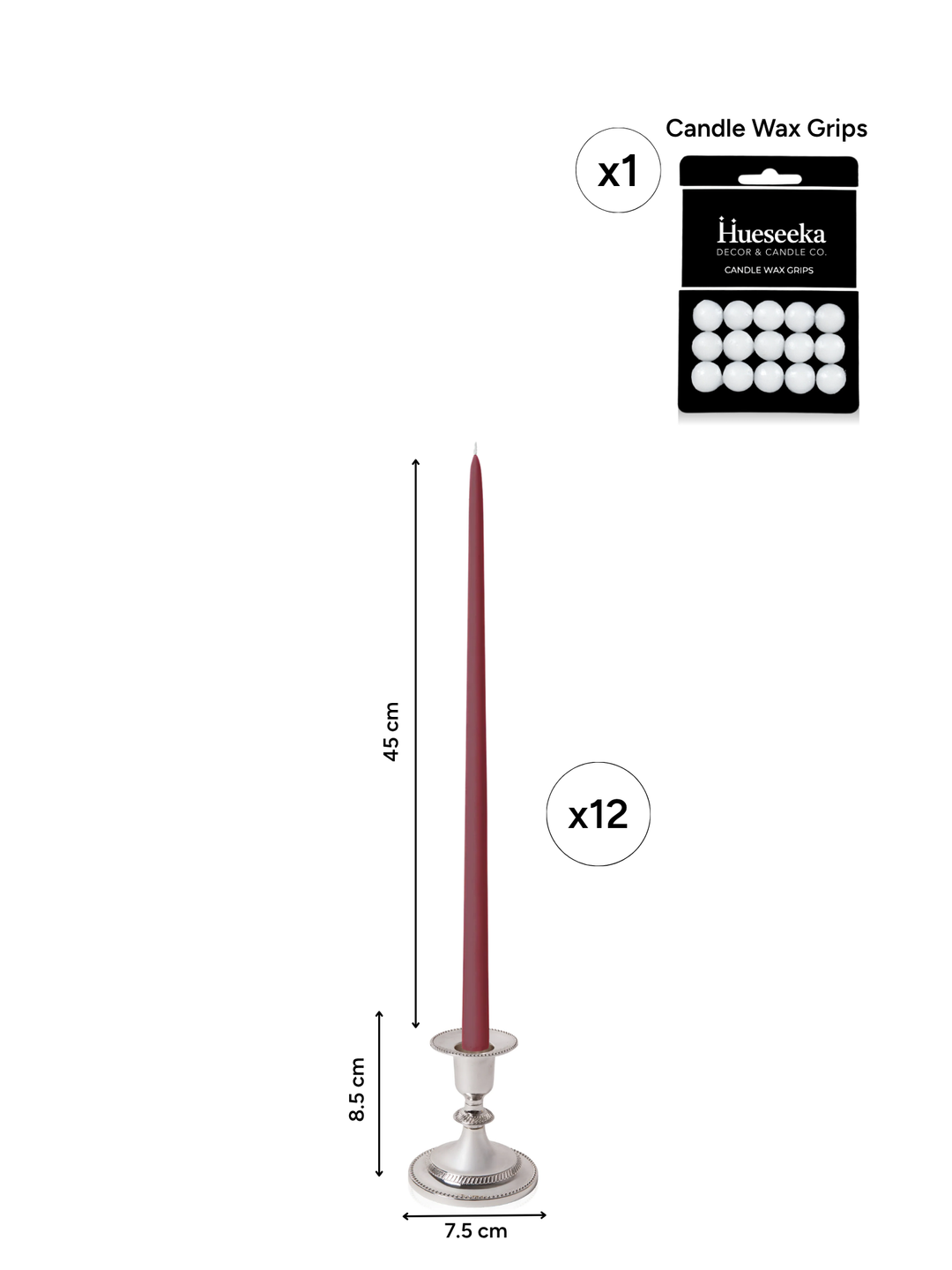 Burgundy 45cm Taper Candles with Small Antique Silver Eloise Candle Holders - Set of 6 Pack of 6