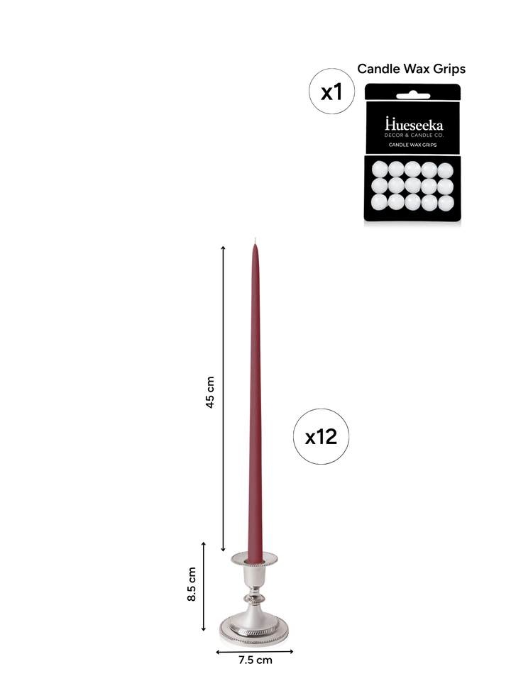 Burgundy 45cm Taper Candles with Small Antique Silver Eloise Candle Holders - Set of 6 Pack of 6