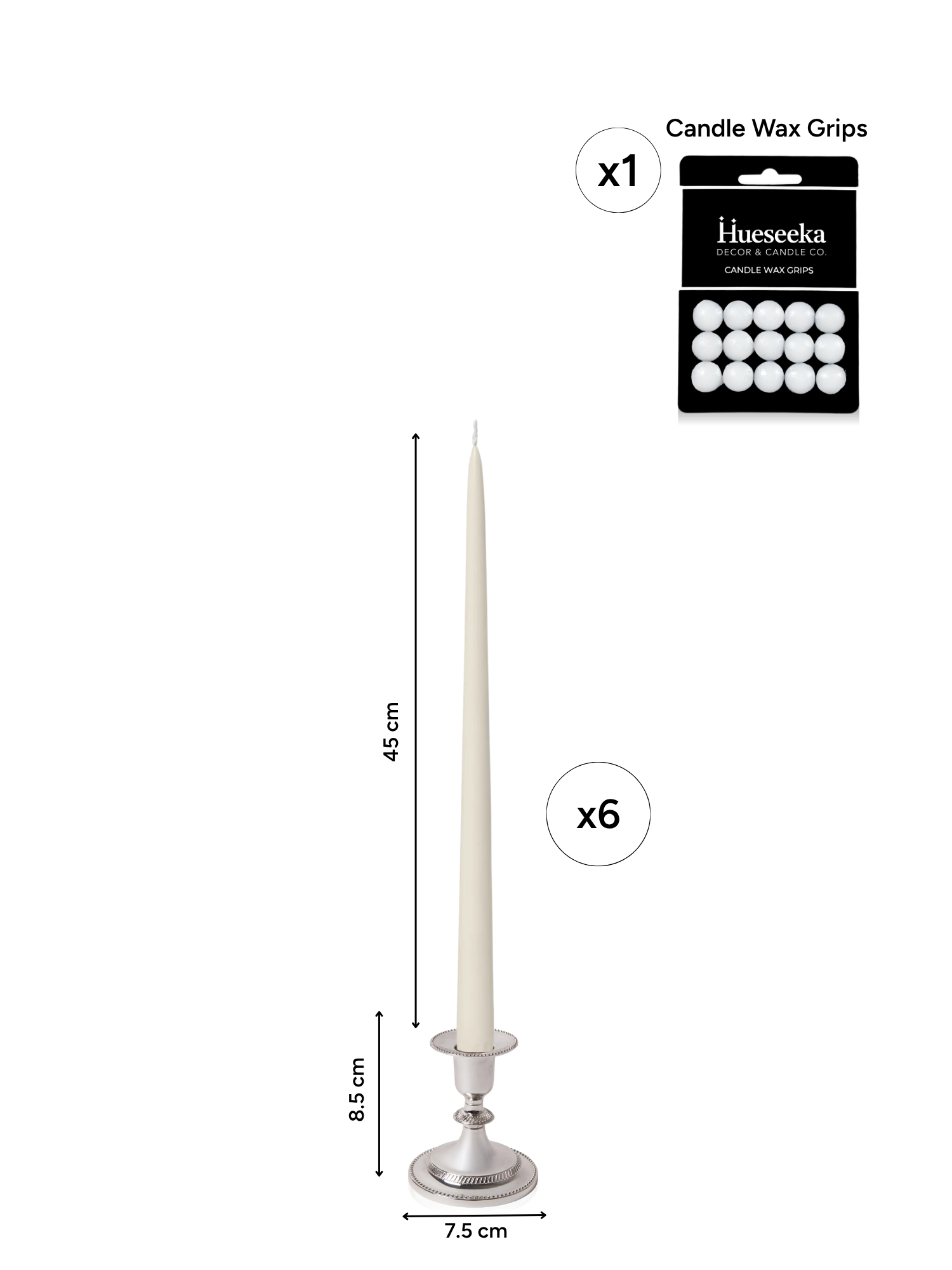 Ivory 45cm Taper Candles with Small Antique Silver Eloise Candle Holders - Set of 6