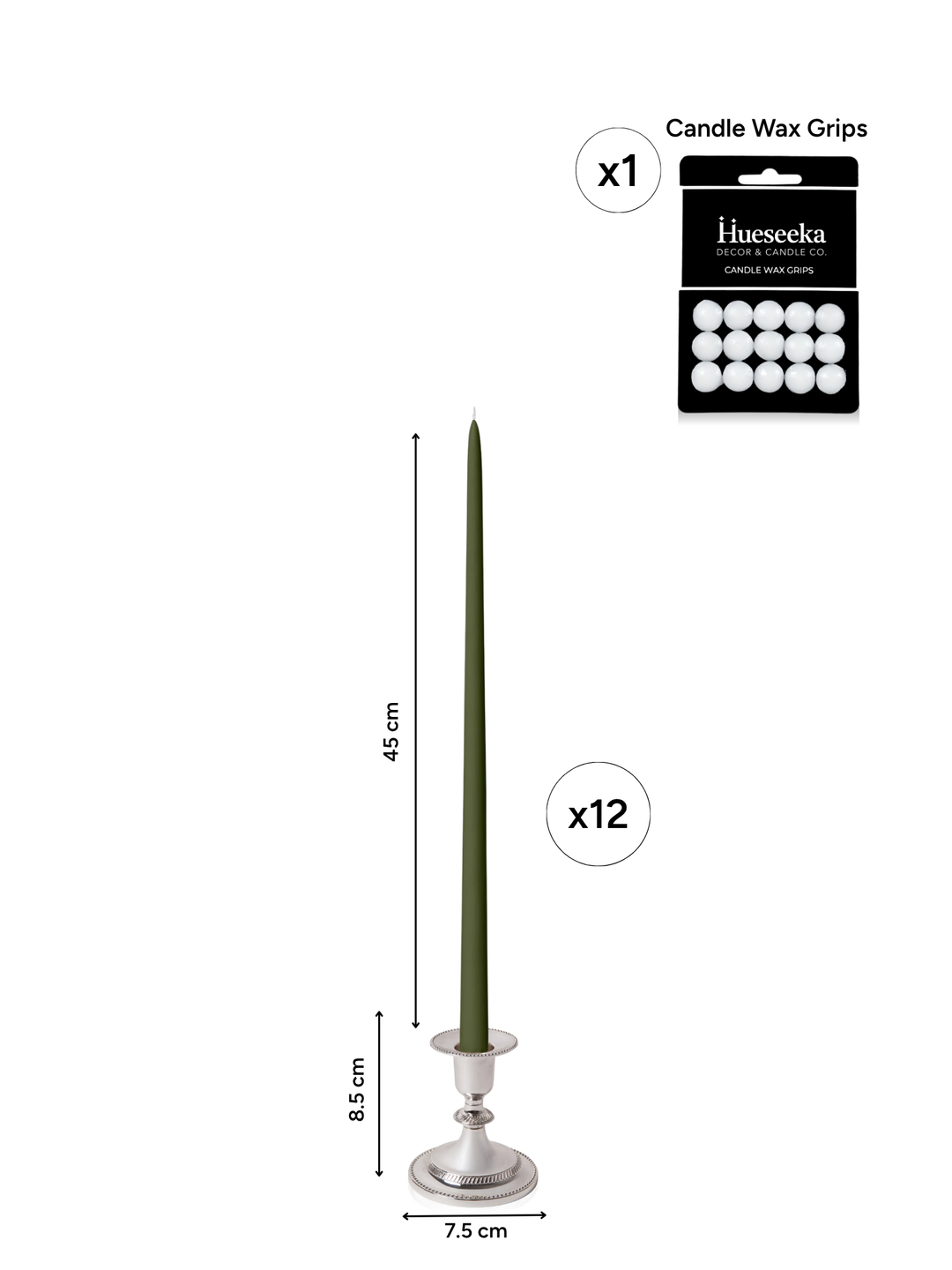 Olive 45cm Taper Candles with Small Antique Silver Eloise Candle Holders - Set of 6 Pack of 6