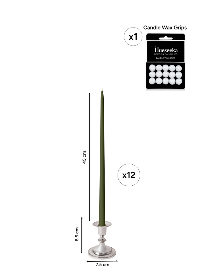 Olive 45cm Taper Candles with Small Antique Silver Eloise Candle Holders - Set of 6 Pack of 6