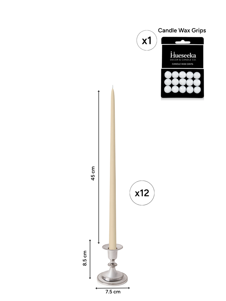 Sandstone 45cm Taper Candles with Small Antique Silver Eloise Candle Holders - Set of 6 Pack of 6
