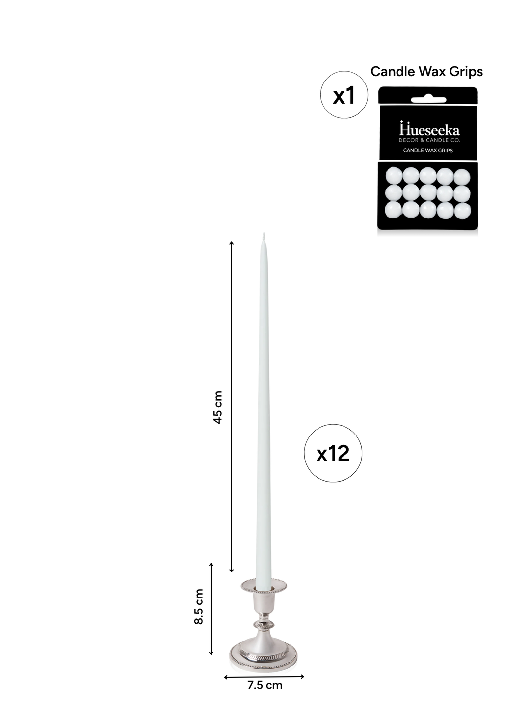 White 45cm Taper Candles with Small Antique Silver Eloise Candle Holders - Set of 6 Pack of 6
