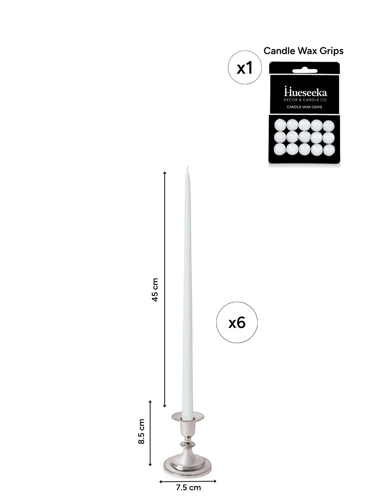 White 45cm Taper Candles with Small Antique Silver Eloise Candle Holders - Set of 6