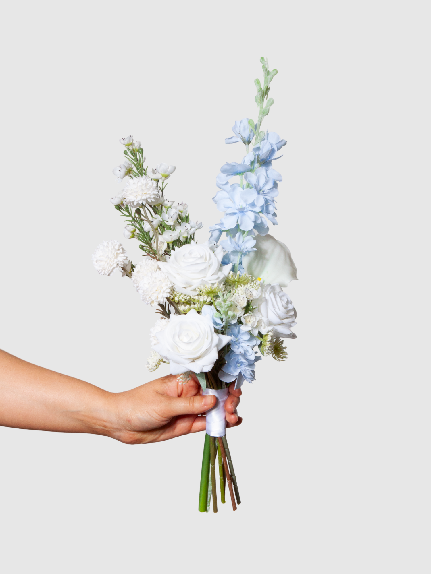 Blue Delphinium & White Rose Bridesmaid Bouquet