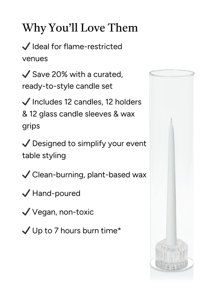 White 25cm Taper Candles with Bella Vintage Glass Holders and Glass Sleeves - Set of 12