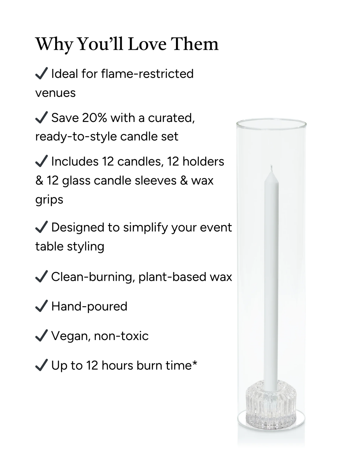 White 30cm Dinner Candles with Bella Vintage Glass Holders and Glass Sleeves - Set of 12