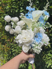 Blue Delphinium & White Rose Wedding Bouquet